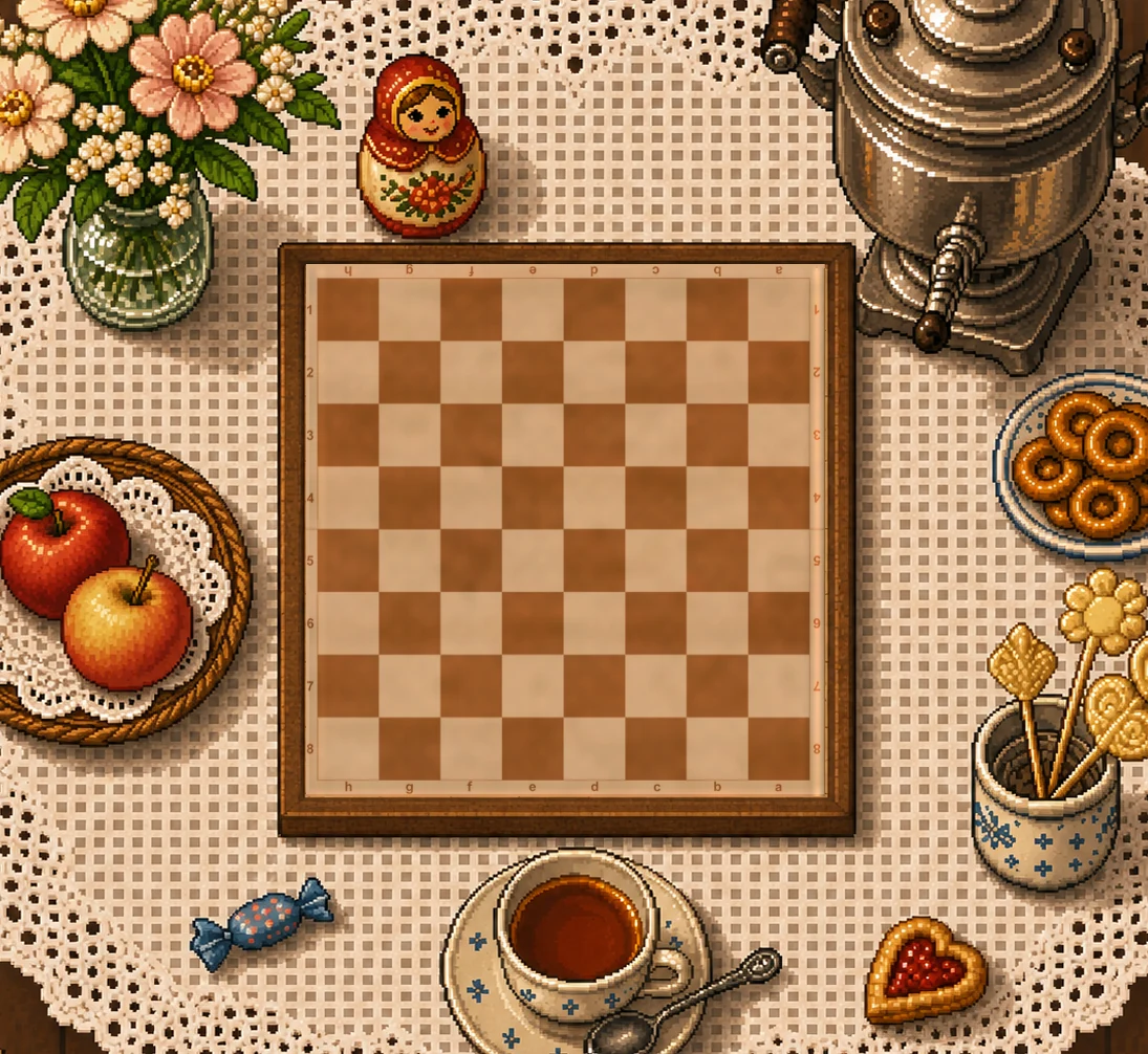 Pixel-art tea table with a wooden checkerboard